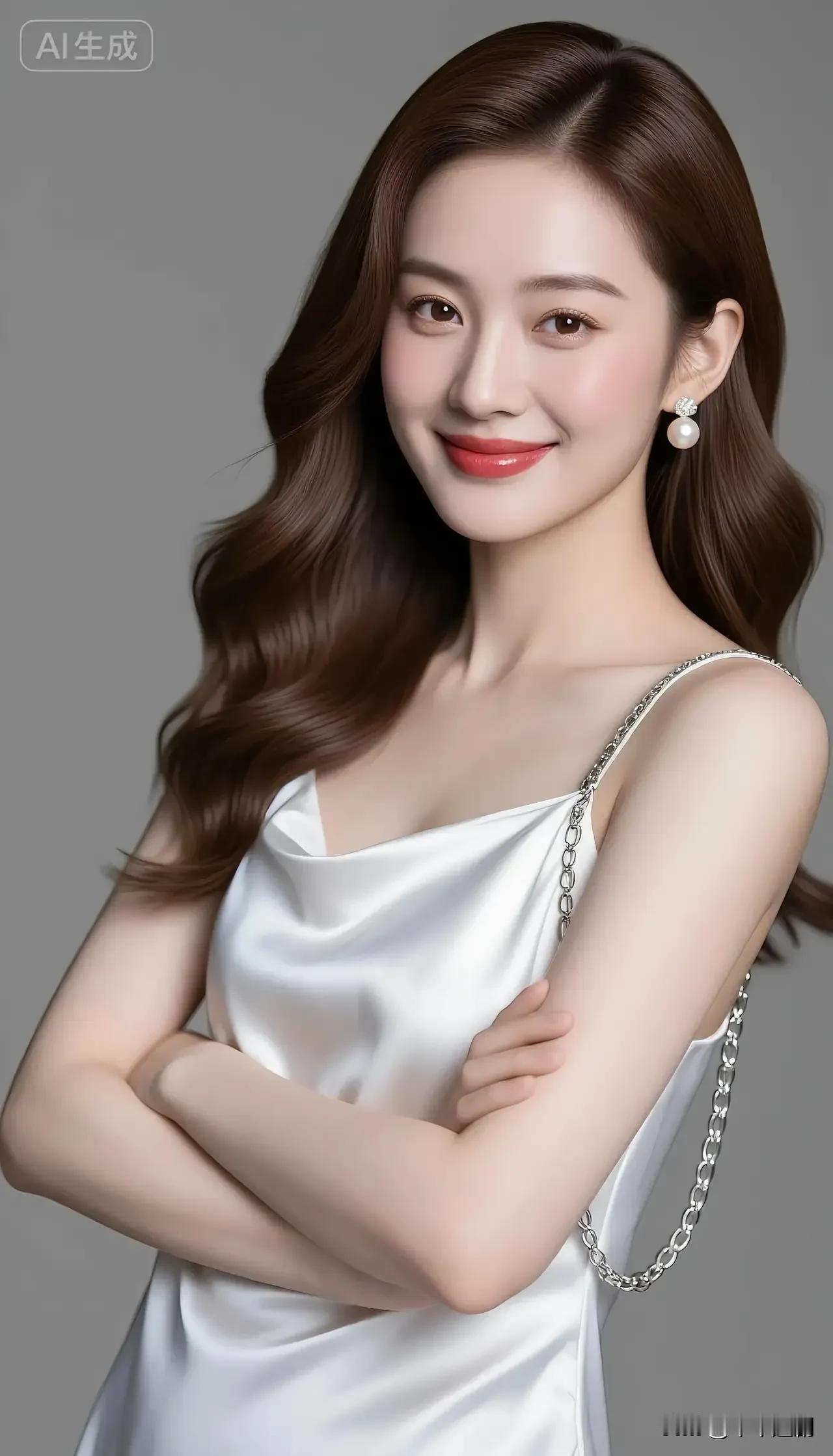 白缎裹着柔的光，珠珥碰碎浅的甜。发浪卷成软的风，连笑涡都浸成了暖的形状。
高贵的