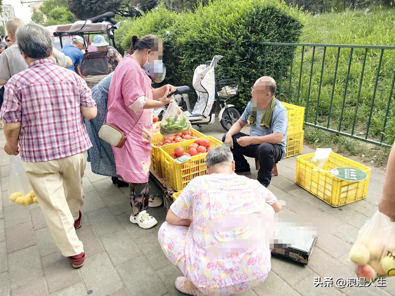 渭南朝阳公园西段早市人流熙熙攘攘，贩卖自家种植的蔬菜，瓜果，型不是很板正，但是味