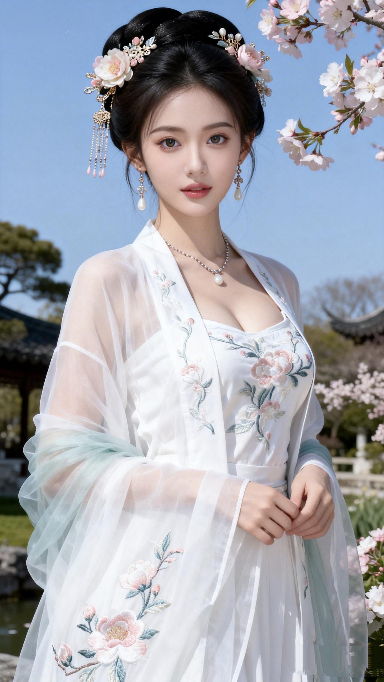 《浣溪沙·樱下汉装》
 
绾就青丝趁晓光，
珠花垂鬓惹风香。
素衣裁得玉为裳。