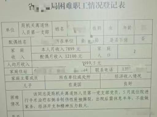 夫妻月入两万被登记困难职工引质疑夫妻月收入合计近两万元，子女定居海外，退休女子填