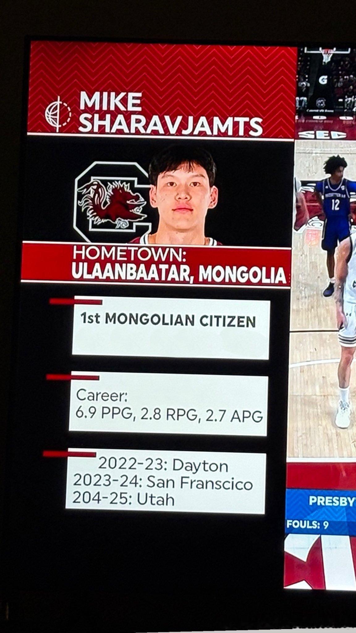 新赛季转校至南卡大学的蒙古控卫Mike Sharavjamts连读两场比赛拿下双