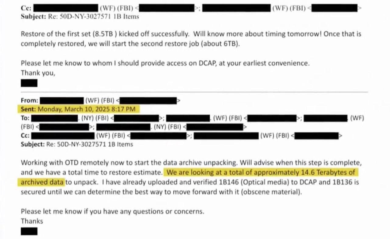 据联邦调查局称，他们掌握着约 14.6 TB 与爱泼斯坦有关的存档数据。

迄今