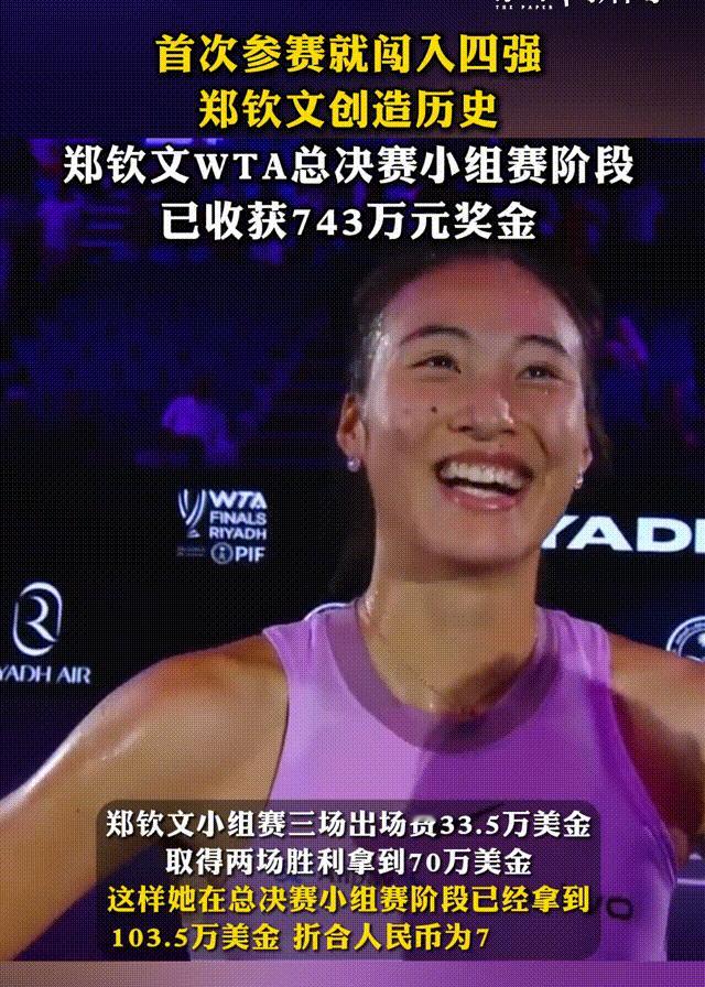 “郑钦文一鸣惊人，首次亮相即杀入WTA总决赛四强，收获奖金743万！”[太阳]