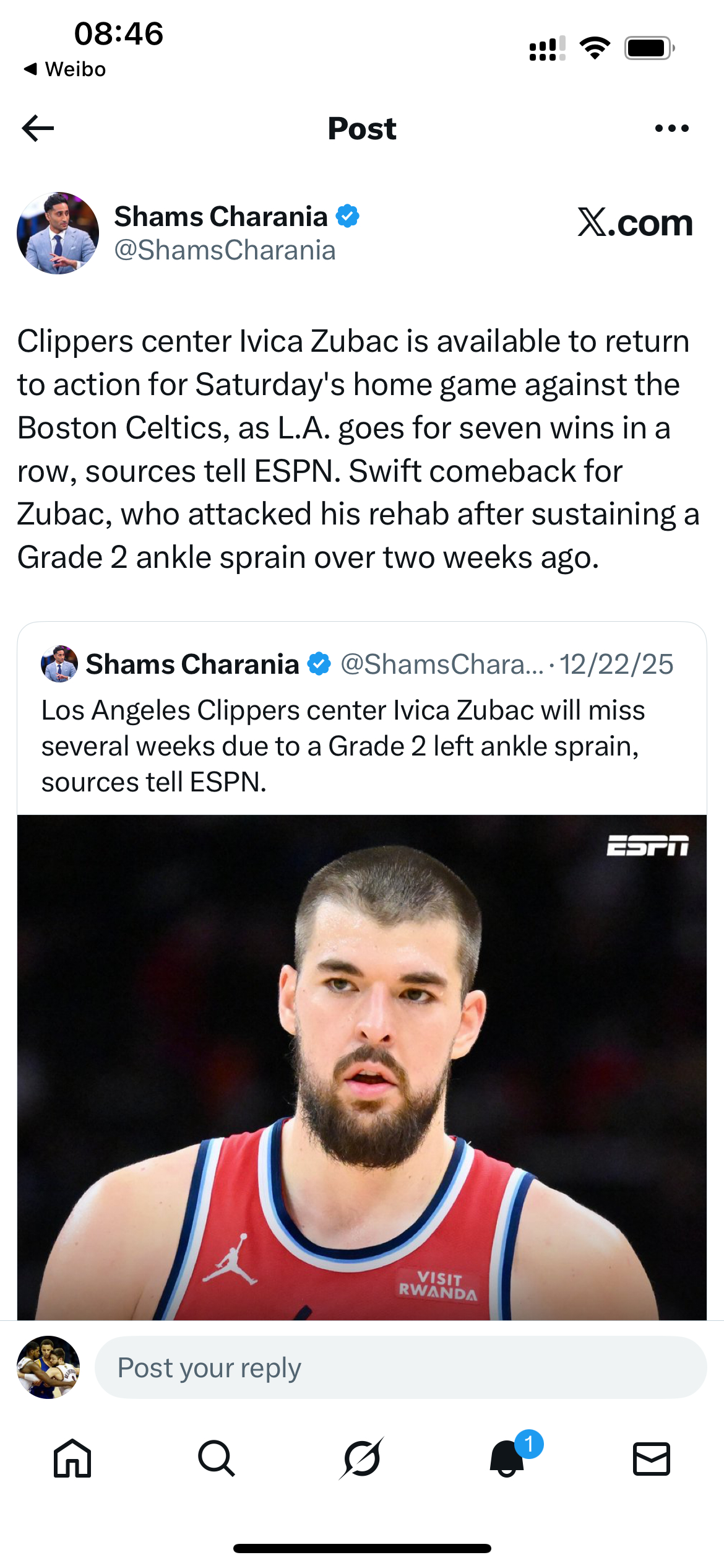 ESPN 消息人士透露：快船队中锋伊维察·祖巴茨将在本周六主场对阵波士顿凯尔特人