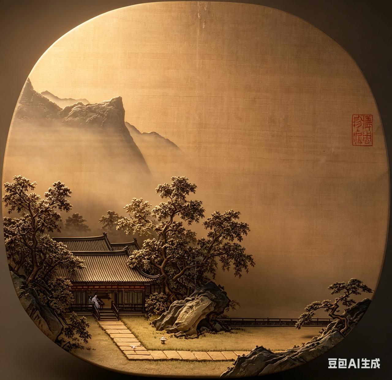 宋·佚名《深堂琴趣图》（AI复原图）

此图不写琴声，只写琴外天地。
深堂藏于林
