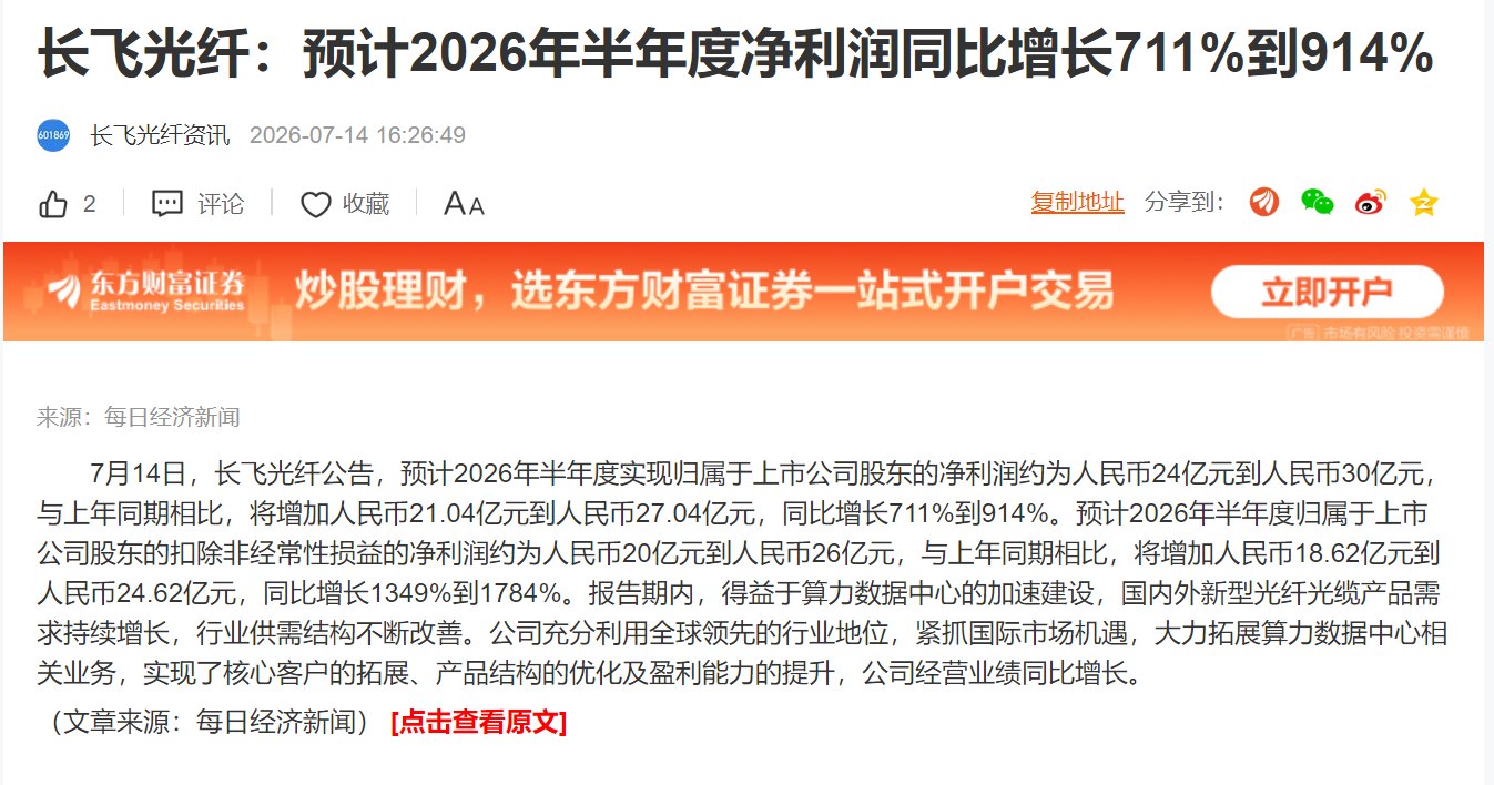 长飞光纤：预计2026年半年度净利润同比增长711%到914% 