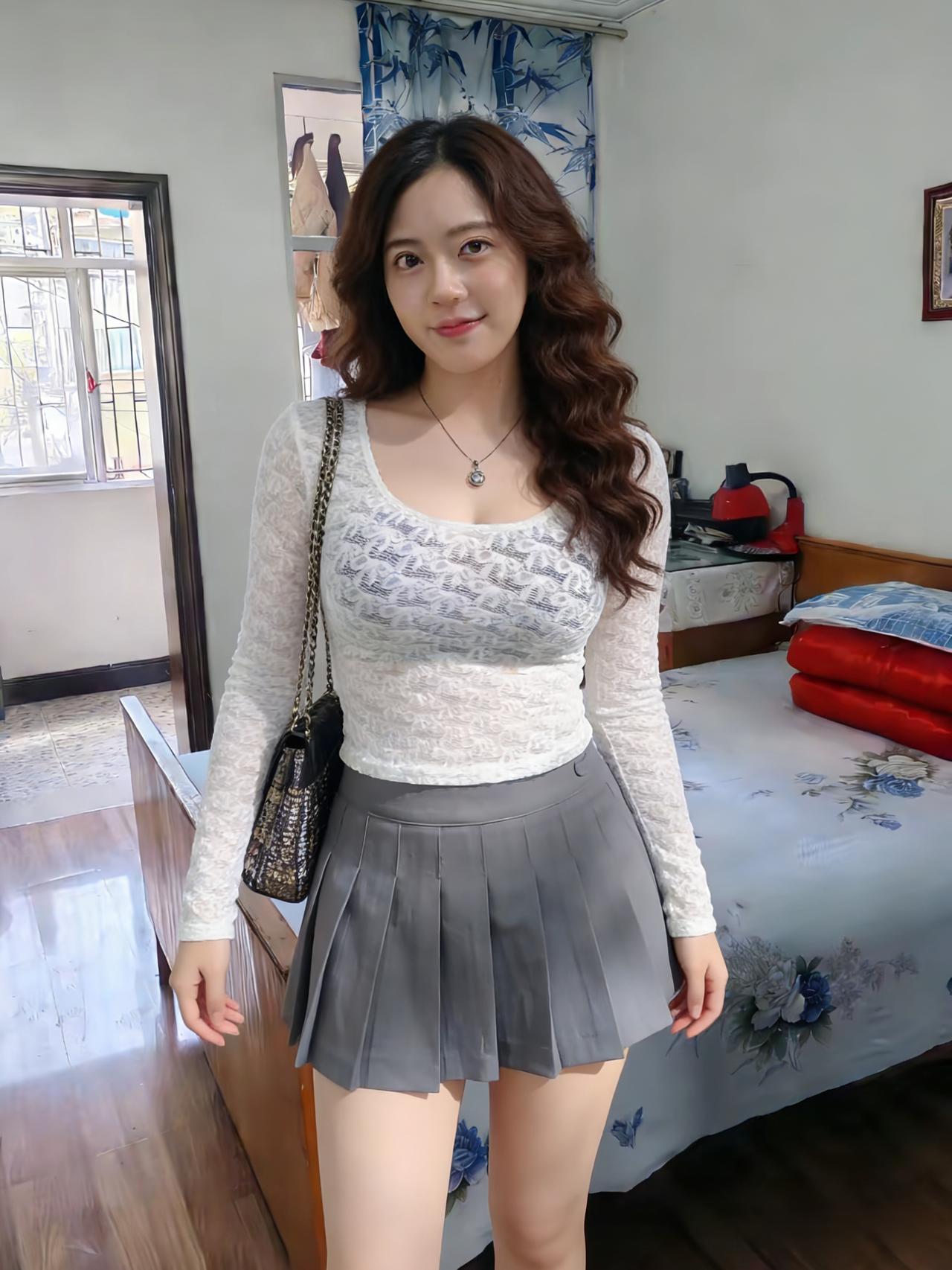 素衣百褶曳晴光，发卷如云覆玉妆。
一笑春风皆入韵，人间何处不清扬。