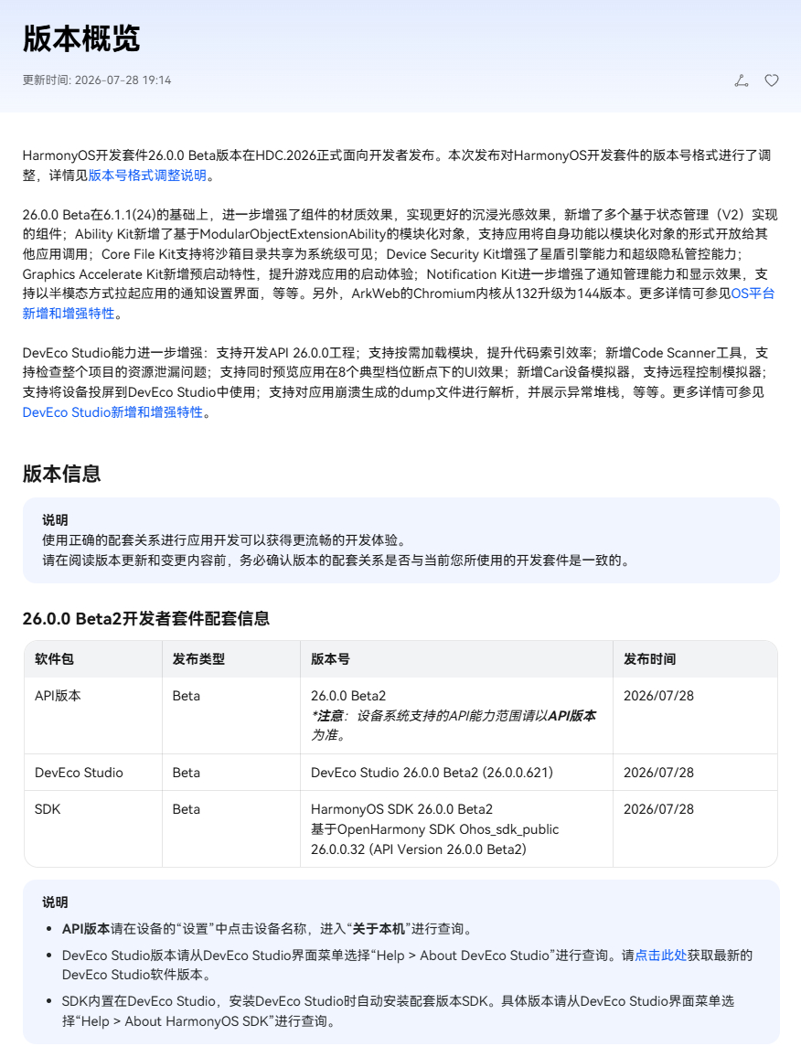 26.0.0 Beta2版本开发套件已发布 