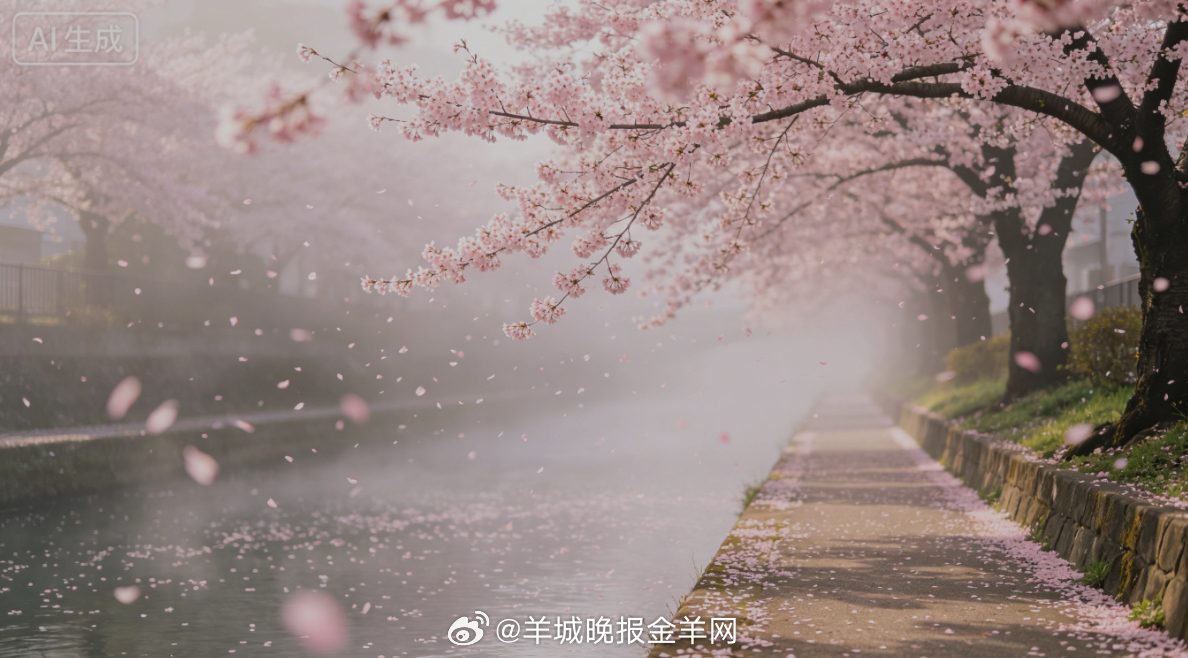 #早安# 柔和晨雾漫过河畔盛放的樱花，花瓣随微风轻轻飘落在河面，沿着河岸慢慢散步