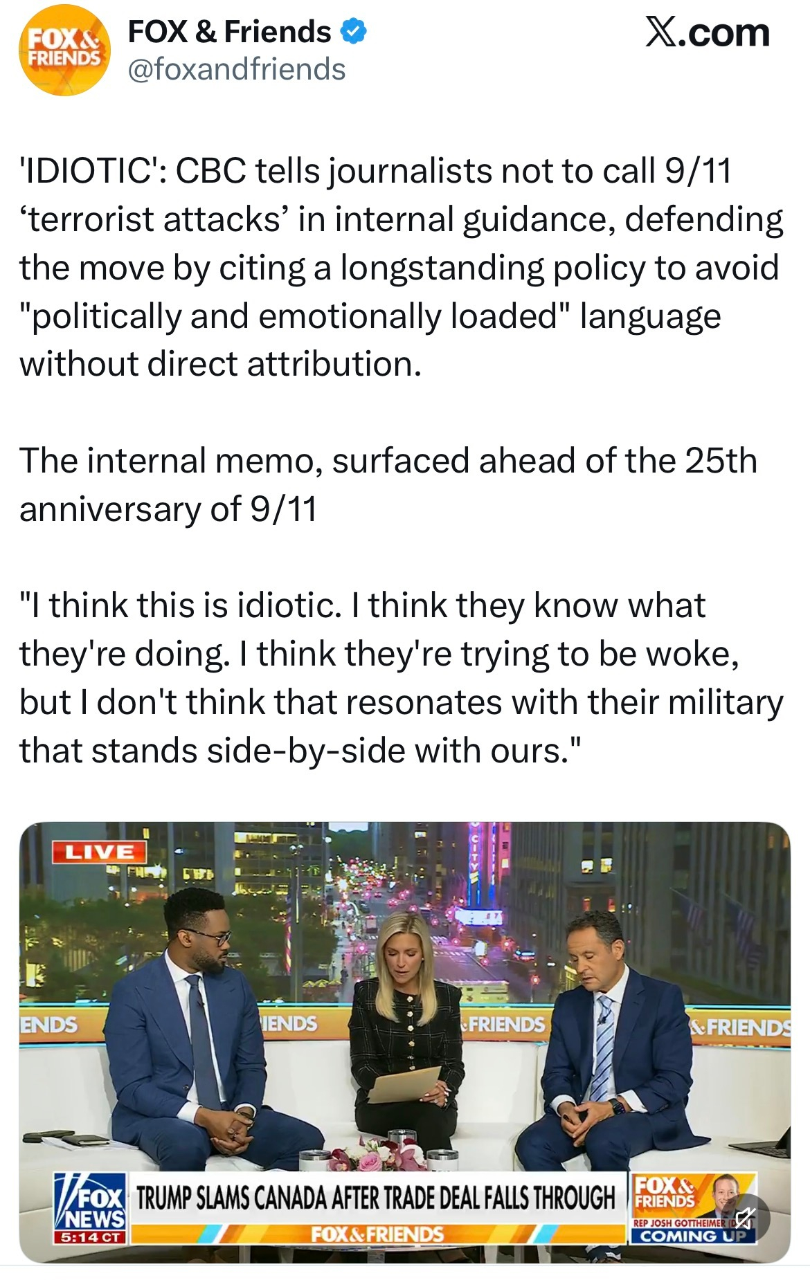 美国911事件25周年纪念日前夕，加拿大广播公司内部指导文件要求记者不要将911
