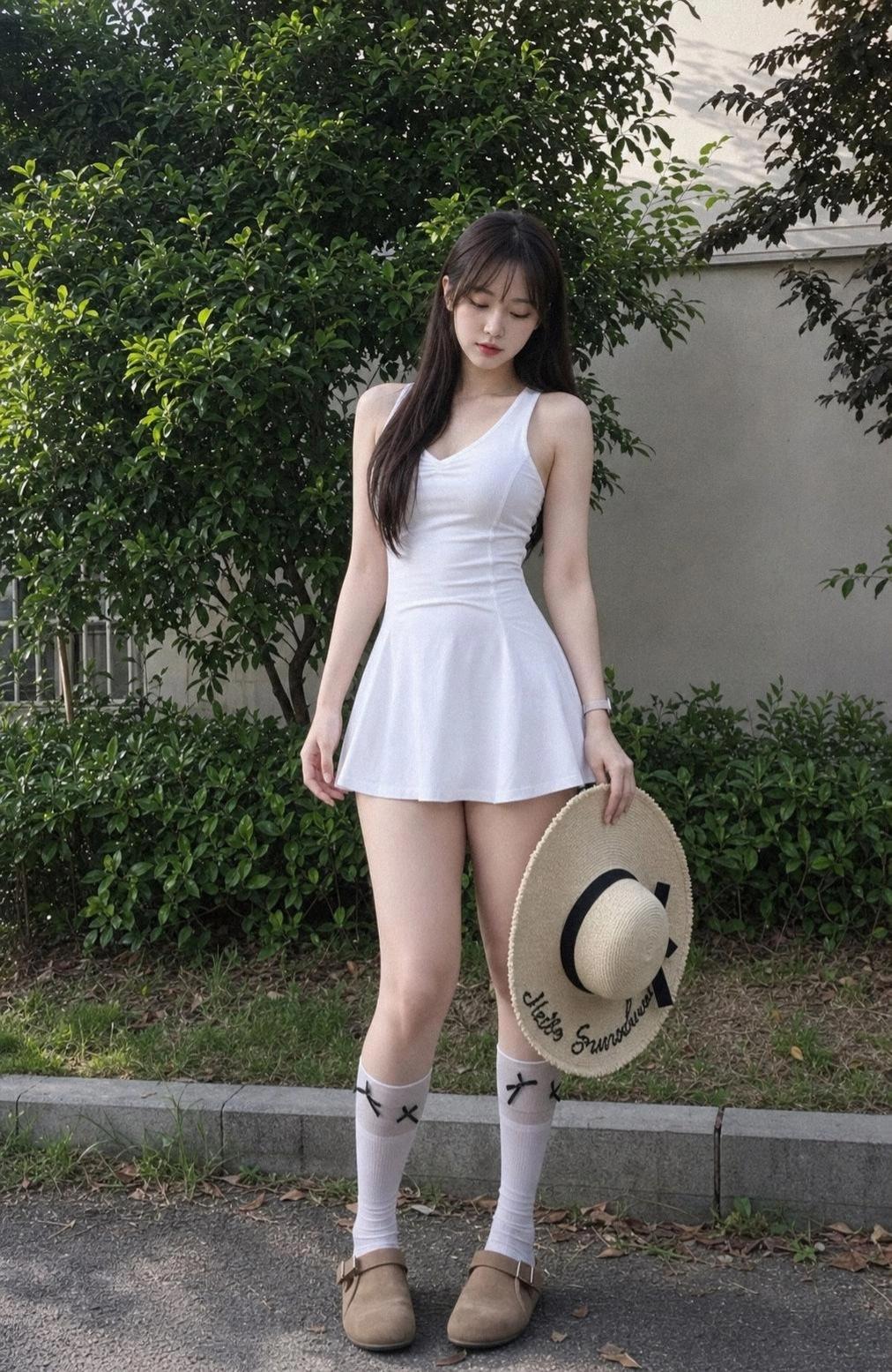 |||修身小白裙 + 堆堆袜 + 勃肯鞋，把韩系甜妹的元气感直接拉满✨ 收腰伞裙