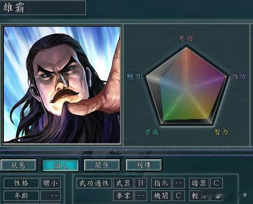 风云在三国志11里也能雄霸武林？侠骨留香版本天下会人物介绍！
雄霸，统率和武力双