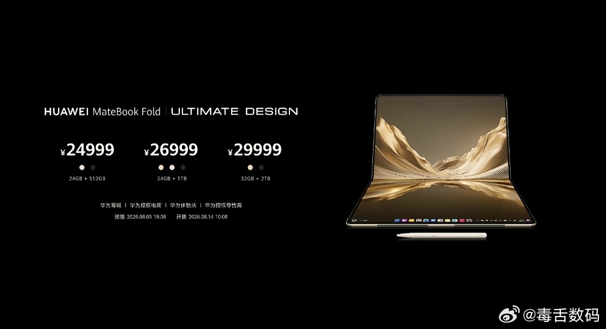 华为全新的折叠屏电脑MateBook Fold非凡大师，价格公布，24999起华