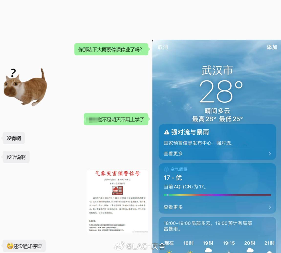 武汉停课停业  问了一下武汉的朋友表示并没有收到停课通知但是接下来预报是要下大雨