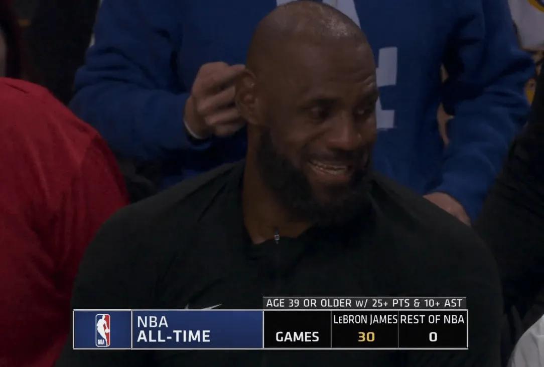 拿25+10很难，39岁后拿更难，39岁之后25+得分10+助攻场次，詹姆斯一人