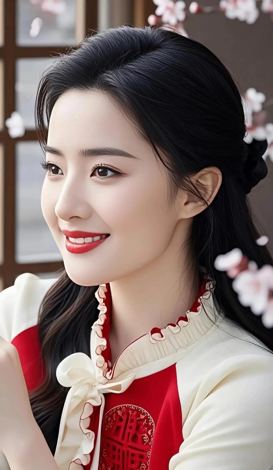 温柔微笑，红衣美人，春日暖阳下绽放光彩。