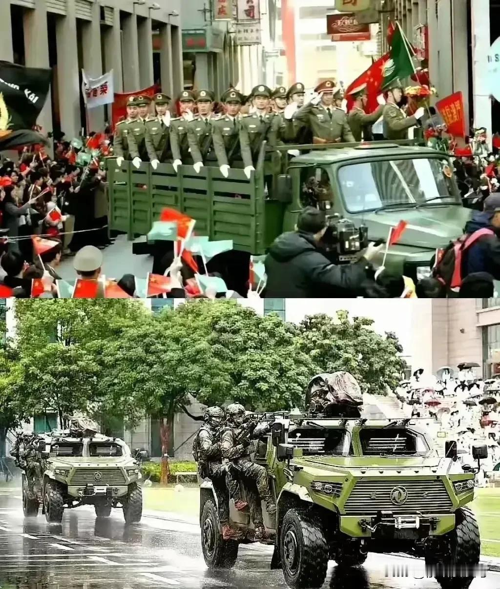 这是解放军澳门驻军25年前后的对比图！
从25年前的军用卡车拉士兵到如今世界上最