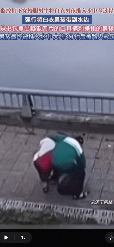 首先这个视频不是去年9月份8岁湖南娄底8男孩推5岁男孩下水的那个视频；其次，这绝