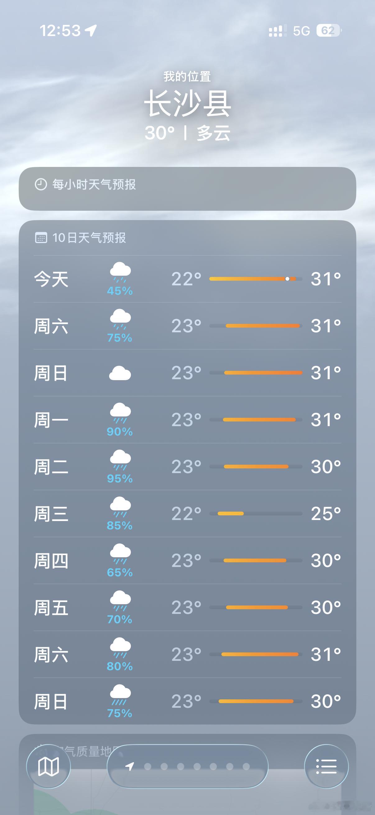 回到长沙就是又闷又热又潮，这天气预报依然是天天有雨，然后又闷得一笔。这天气真的比