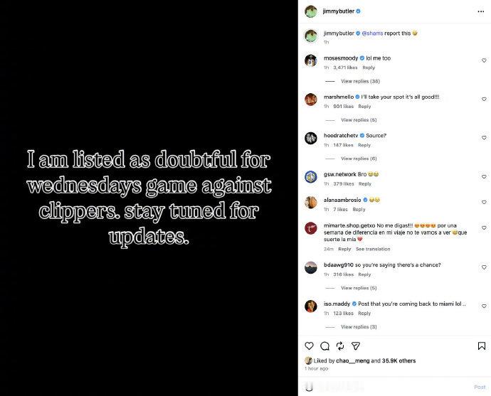 巴特勒整活称附加赛有望复出此前，巴特勒因ACL伤势已赛季报销。吉米-巴特勒更新个