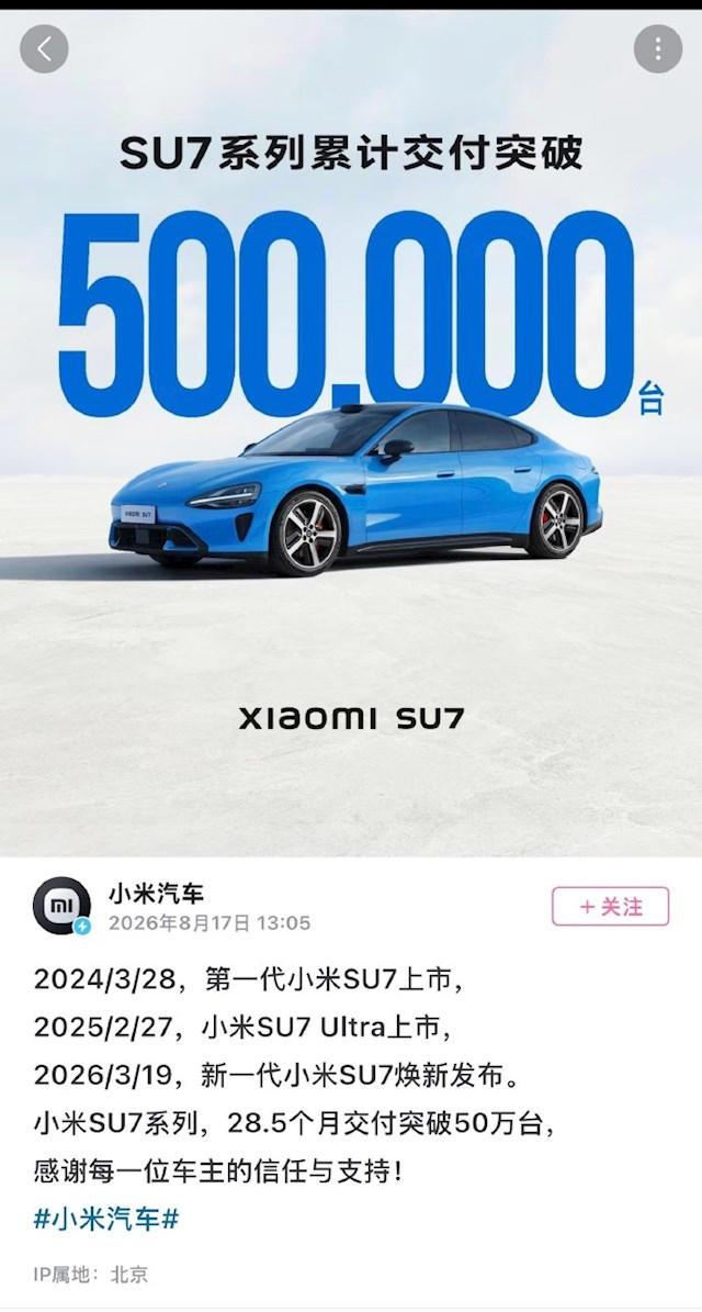 小米SU7交付破50万，新势力没有一个能打！

雷军今天官宣，小米SU7累计交付