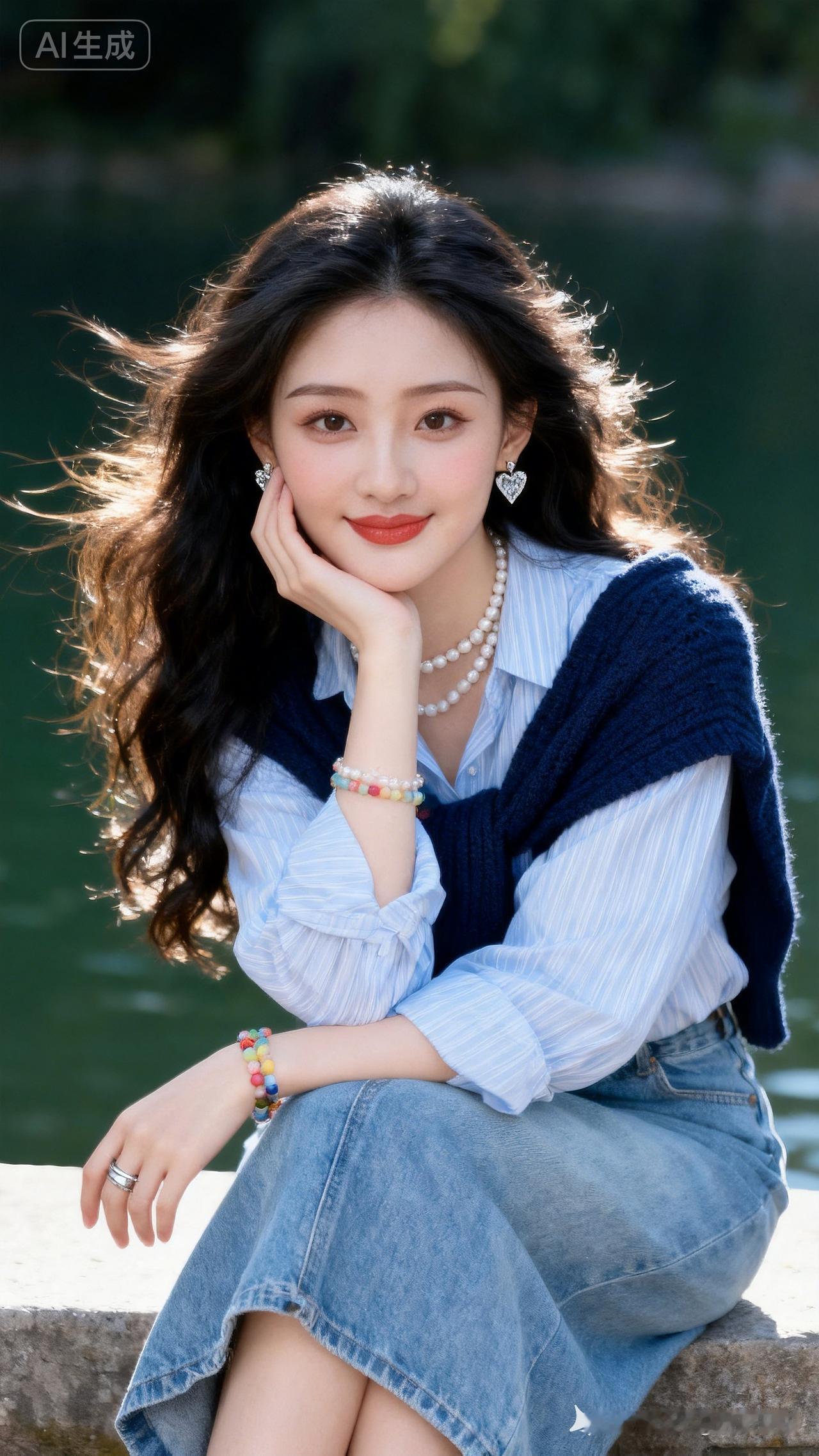 江南少女黑长卷发飘逸，浅蓝条纹衬衫搭针织披肩配牛仔半裙，精致饰品点缀。临水石台闲