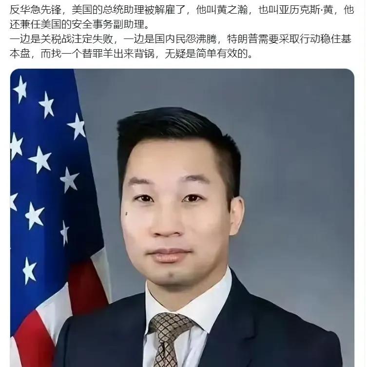 听说特朗普的这个“反华急先锋”被解雇了！
黄之瀚1980年出生于美国纽约，父母为