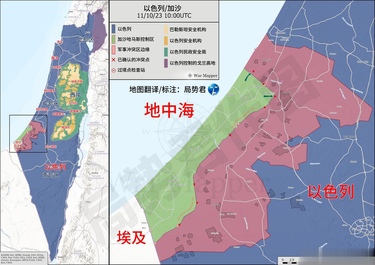 图1是今天早晨10点更新的加沙周边形势图。
以色列国防军继续在加沙城内定点轰炸，