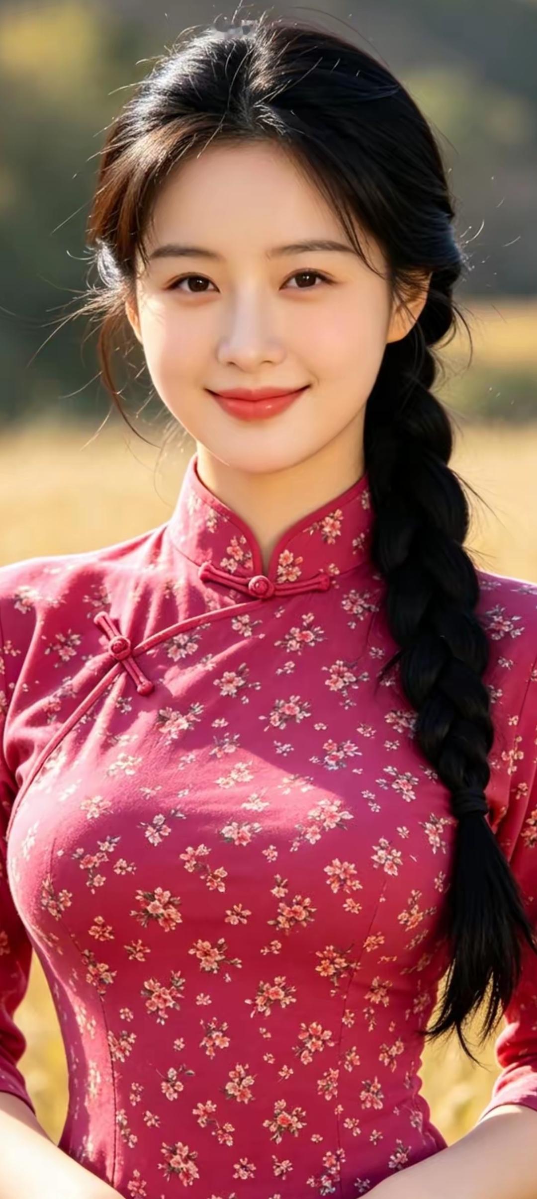 温柔古典的少女，粉色花旗袍，阳光下的甜美笑容。