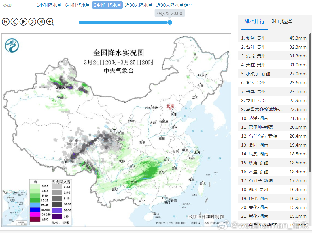 【降水】昨晚到今天，东部地区降雨缩减，中西部降水增多。新疆天山山区、青藏高原东部