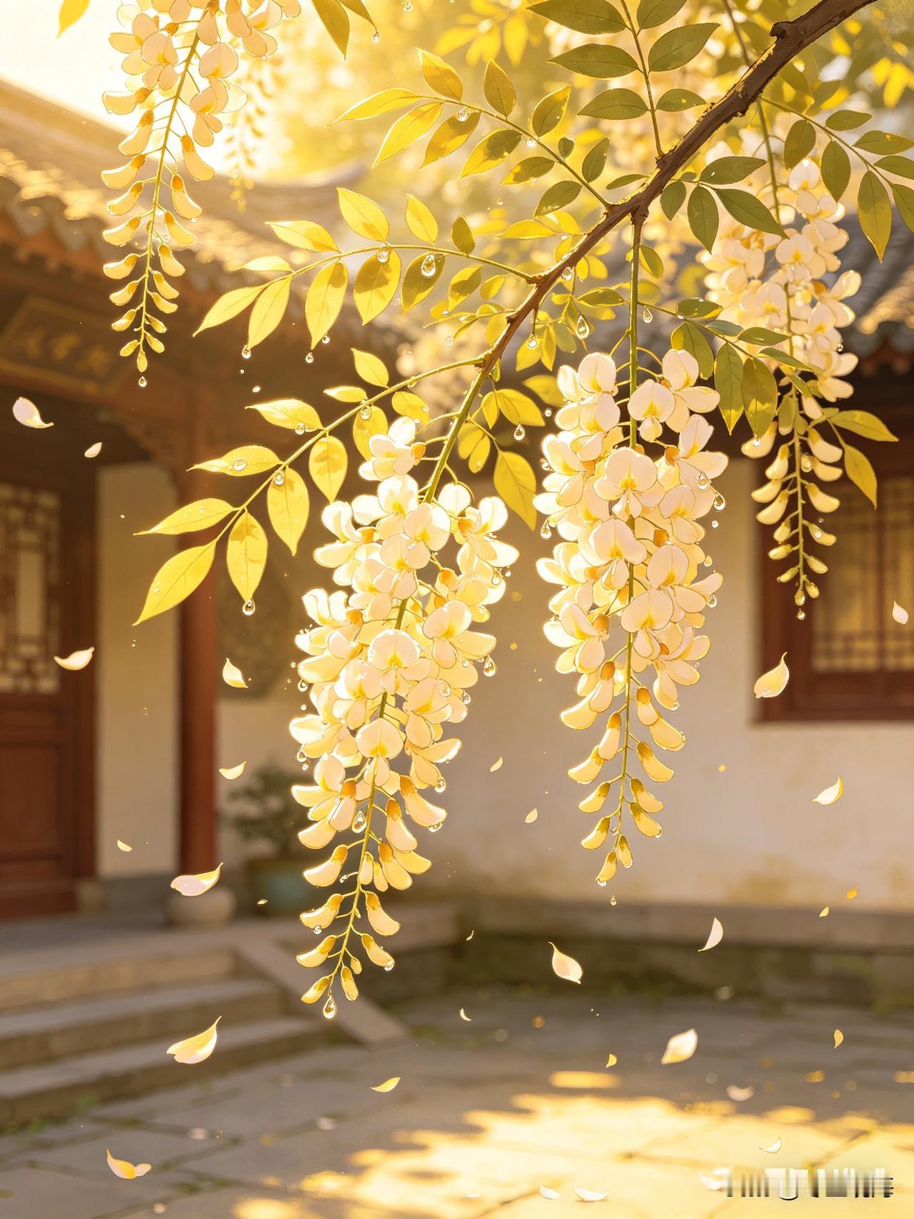 七律//咏槐花
海棠飞絮共悠扬，最醉槐阴满院香。
串串含苞凝玉靥，层层吐蕊沐春光