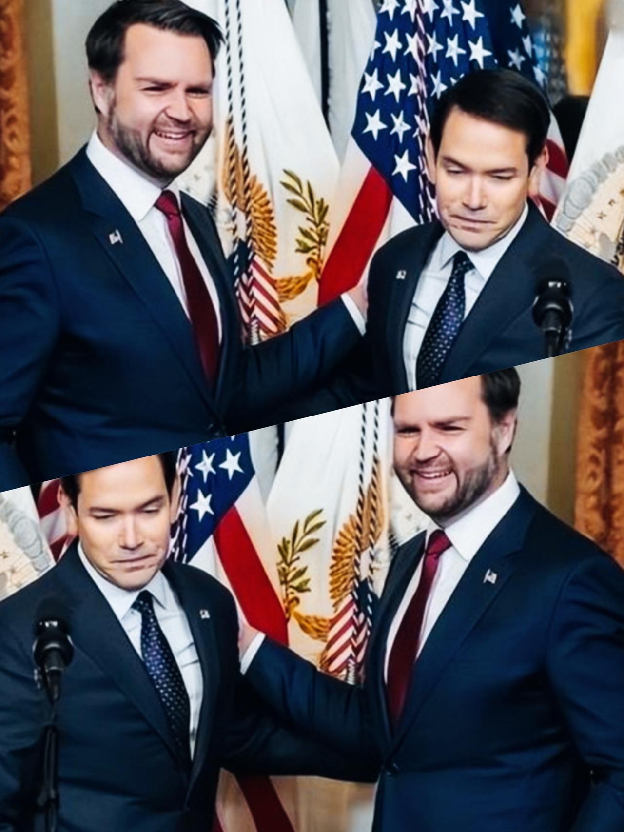 万斯和鲁比奥两人的表情是什么意思呢？
万斯满脸笑容，一副很开心的样子！
鲁比奥则