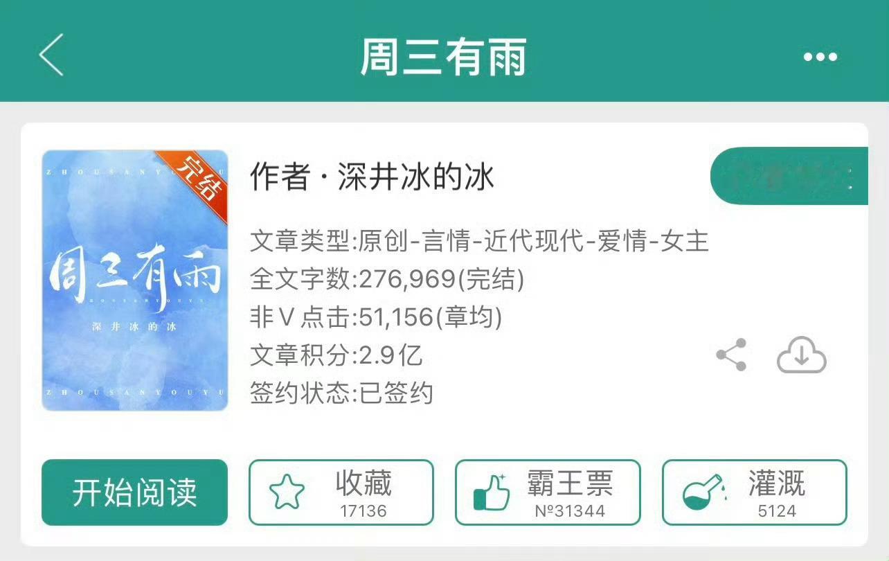 小说推荐：《周三有雨》 作者:深井冰的冰简评：可爱乖乖女vs骚断腿学霸，双向救赎