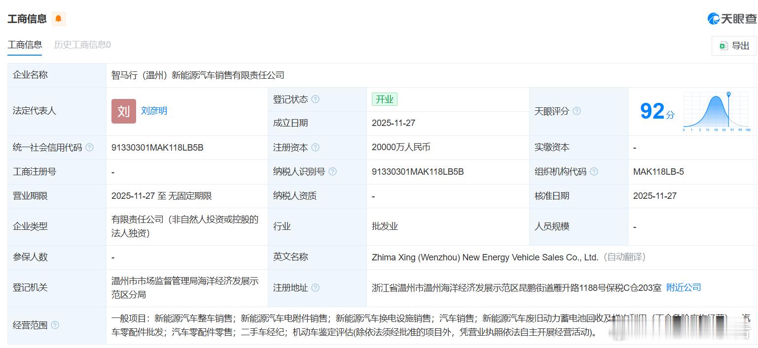 威马汽车2亿元成立新公司“智马行”11月27日，天眼查App显示，智马行（温州）