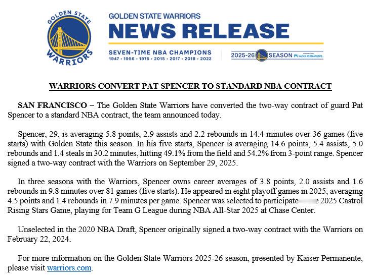 斯宾塞双向合同转为正式NBA合同📝勇士官方发布