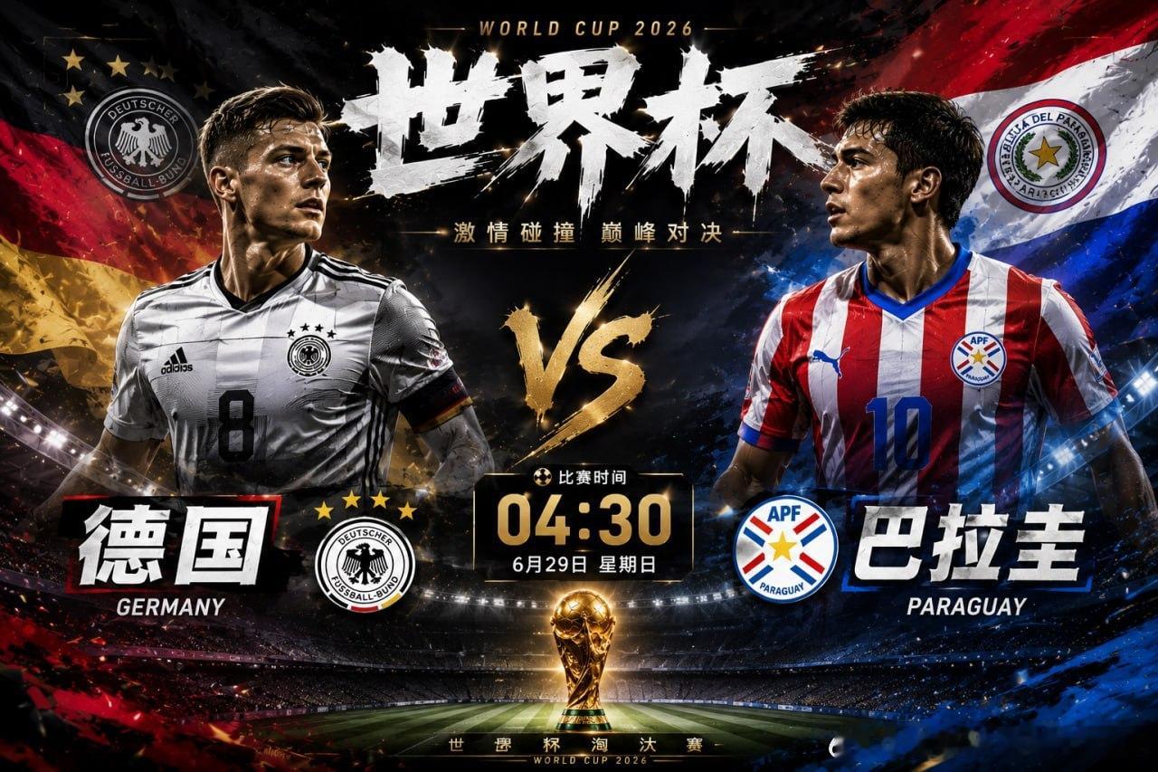 🏆 世界杯淘汰赛焦点之战！⏰ 04:30🇩🇪 德国 🆚 巴拉圭 🇵🇾