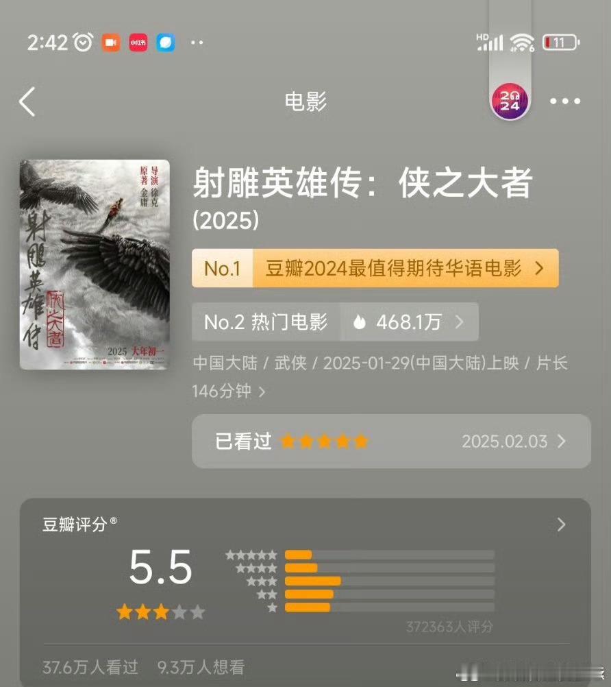 射雕豆瓣5.5  射雕豆瓣5.5 开分6个小时之后涨了5万人去打分，好笑的是票房