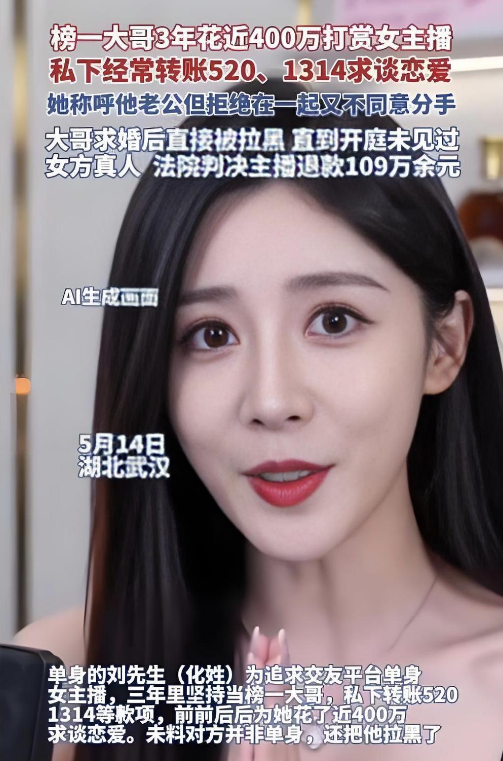看到这新闻我直接傻眼，刘先生在某相亲APP上迷上了女主播“宝儿”，三年里又是当榜