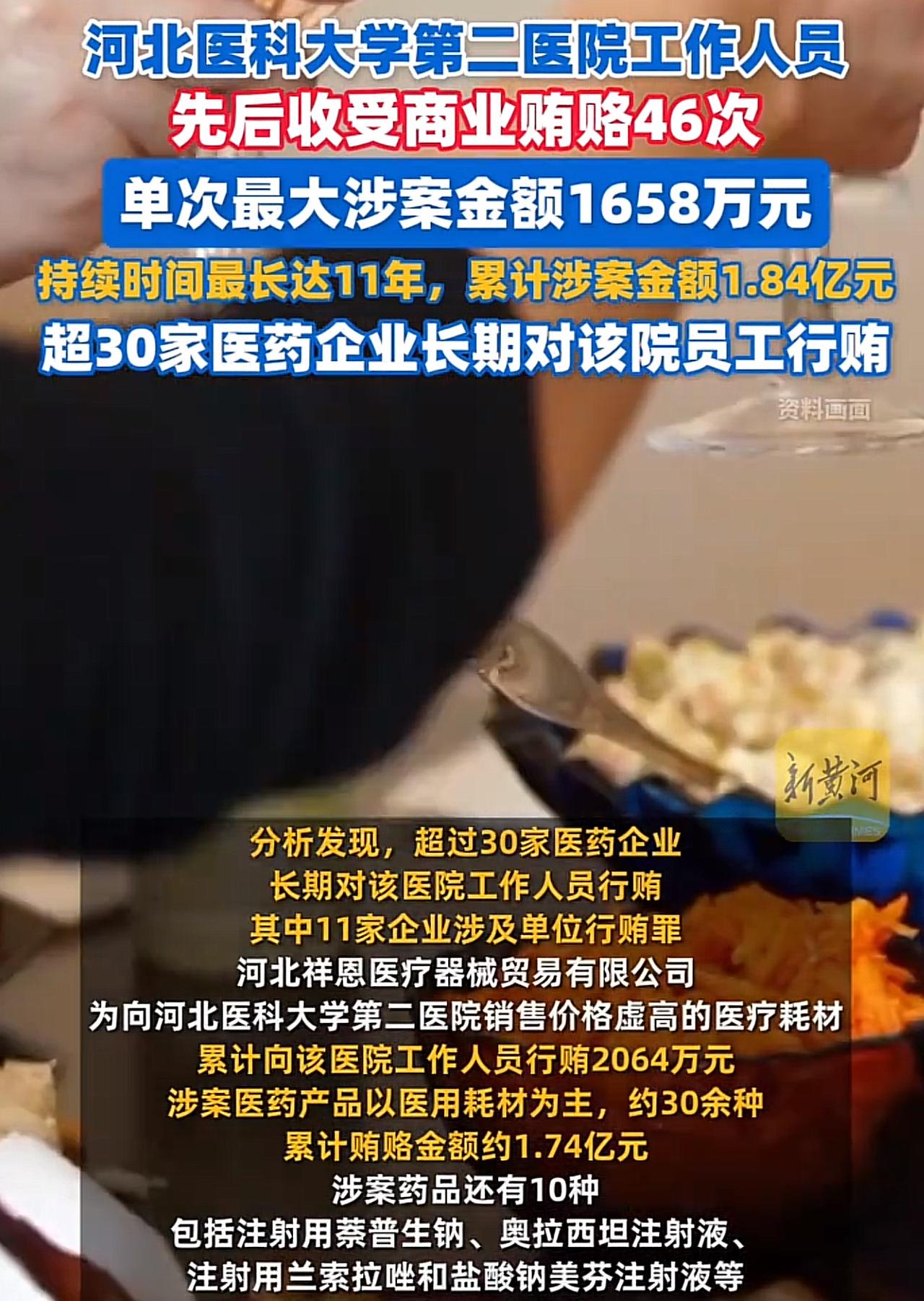 河北，国家医保局披露，河北某医院工作人员11年间46次收受贿赂共计1.84亿元，