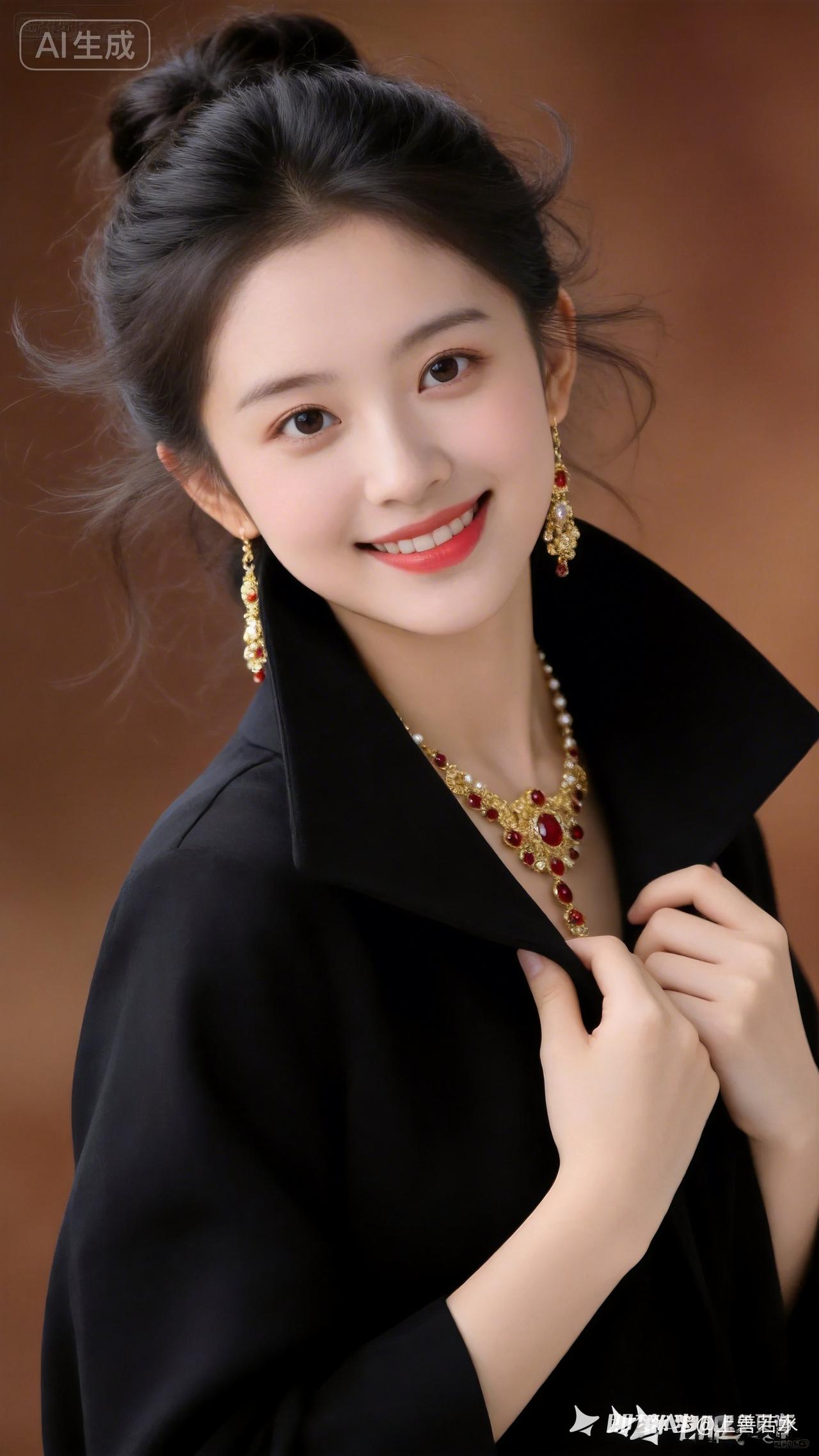 绝色美人肤白貌美，唇红齿白。蓬松盘发飘逸灵动，身着黑色大领衣衫，双手轻扶衣领，歪