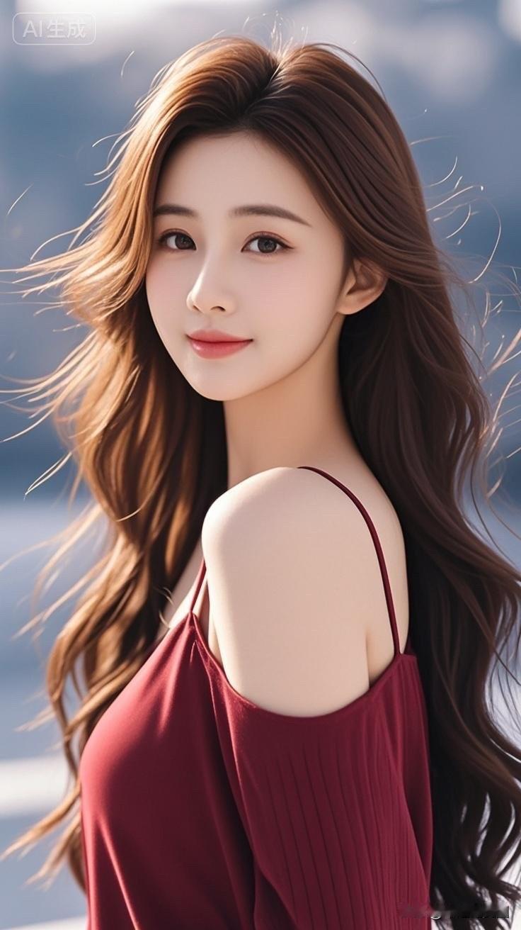 长发美女穿着红色衣服，微笑着回头。