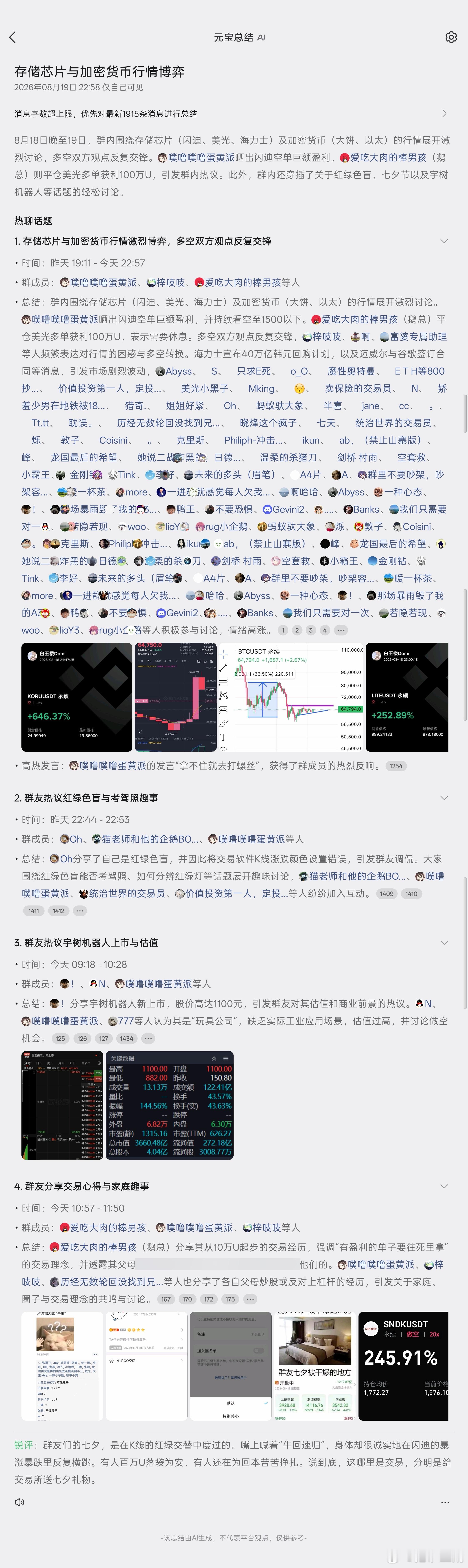 1. 存储芯片与加密货币行情激烈博弈，多空双方观点反复交锋2. 群友热议红绿色盲
