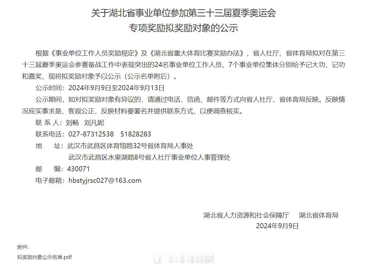 【#郑钦文等6人拟记大功#】根据《事业单位工作人员奖励规定》及《湖北省重大体育比