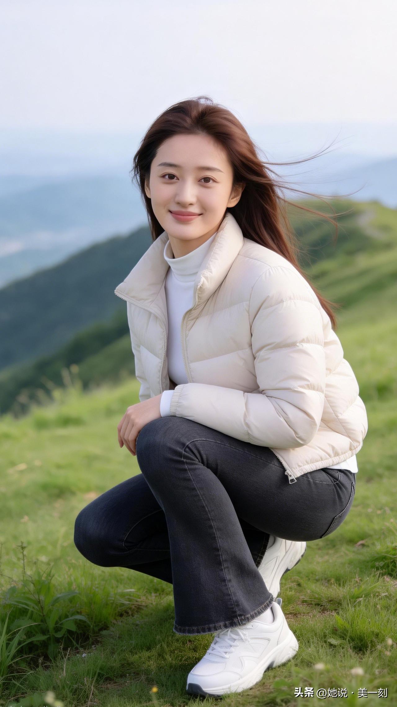 在山间蹲下，享受自然的美好。穿衬衫牛仔裤的女孩咋那么好看