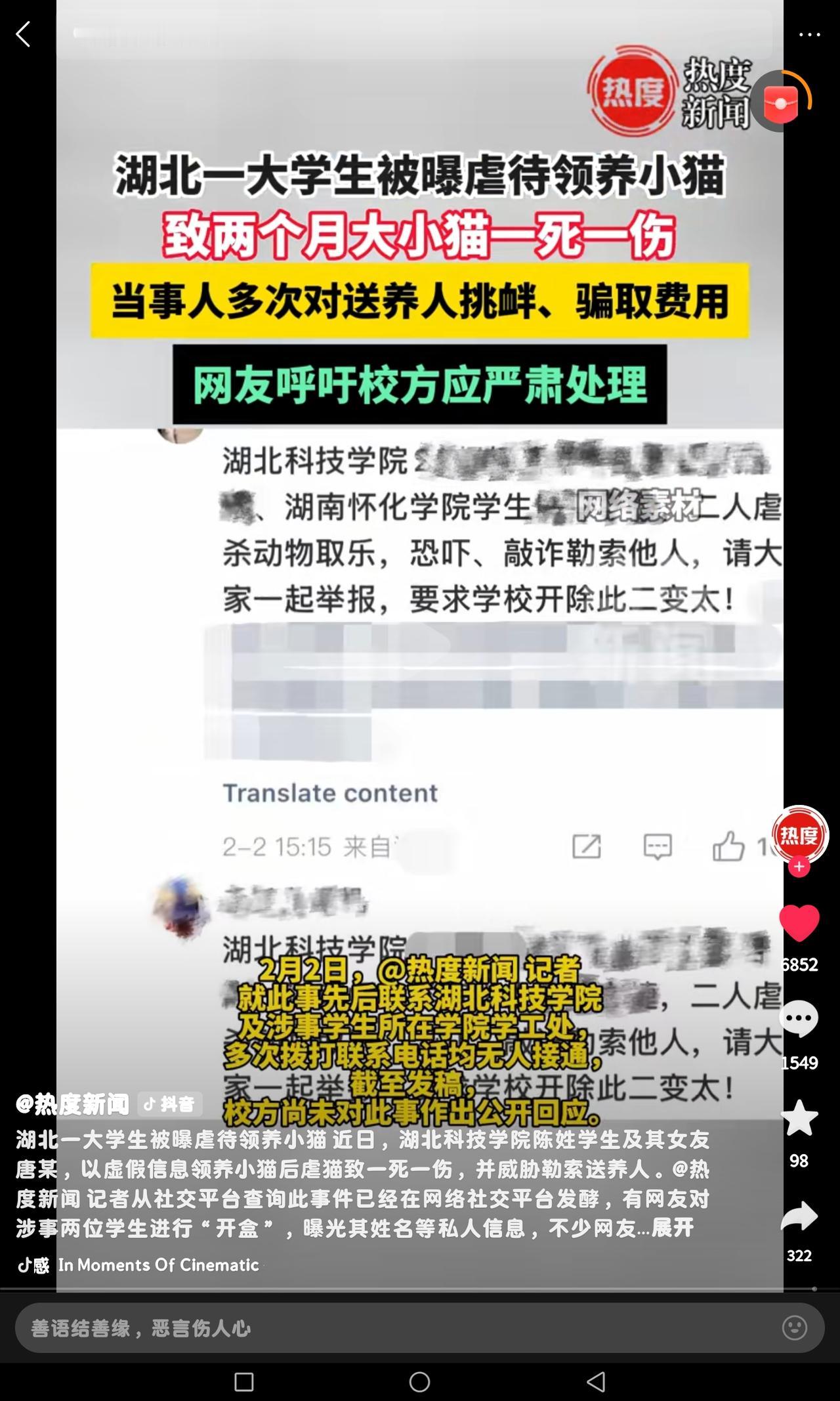 湖北一大学生被曝虐待领养小猫
致两个月大小猫一死一伤当事人多次对送养人挑衅，骗取