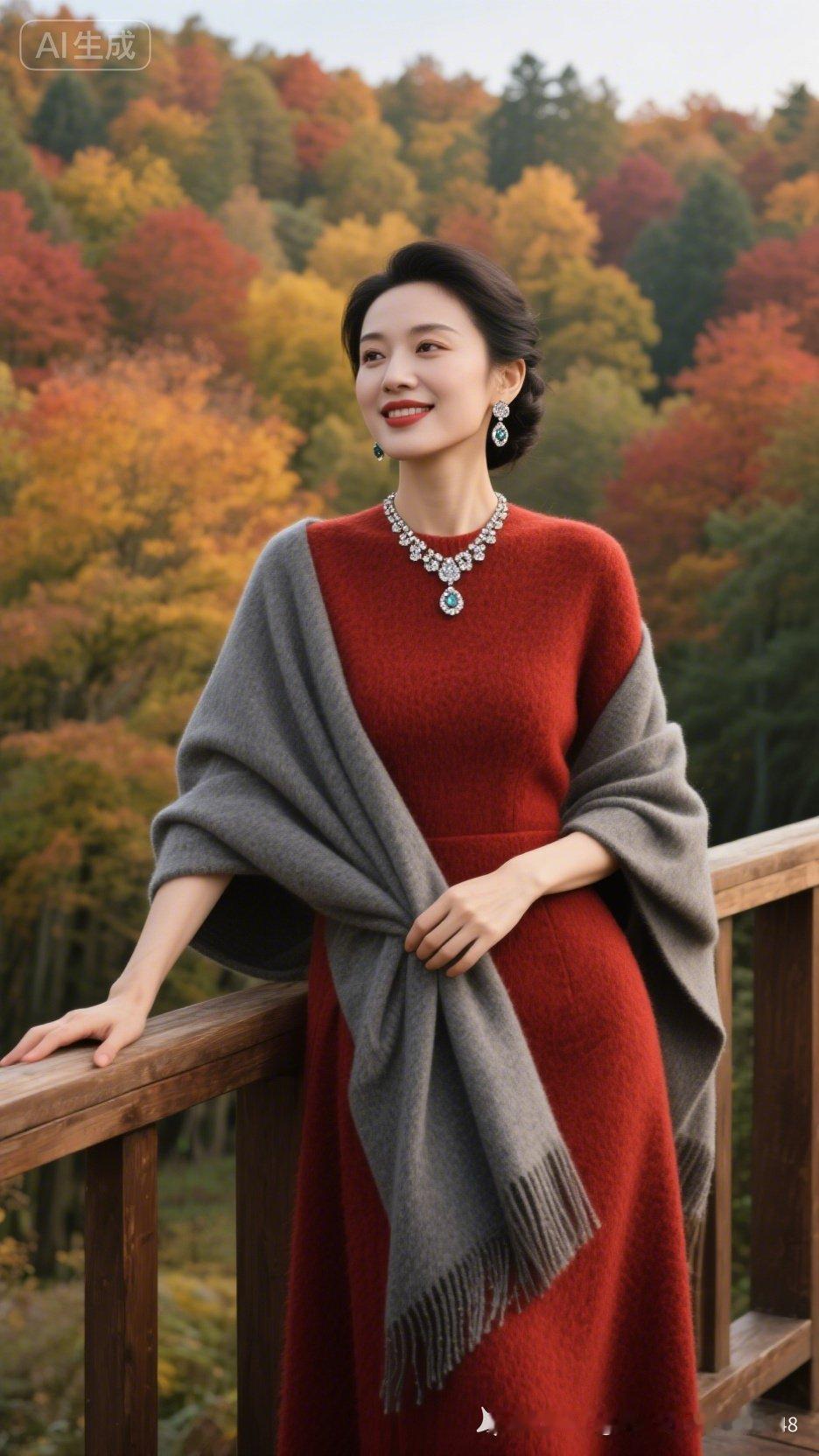秋日暖阳下，红衣女子倚栏微笑，尽显优雅与温柔。