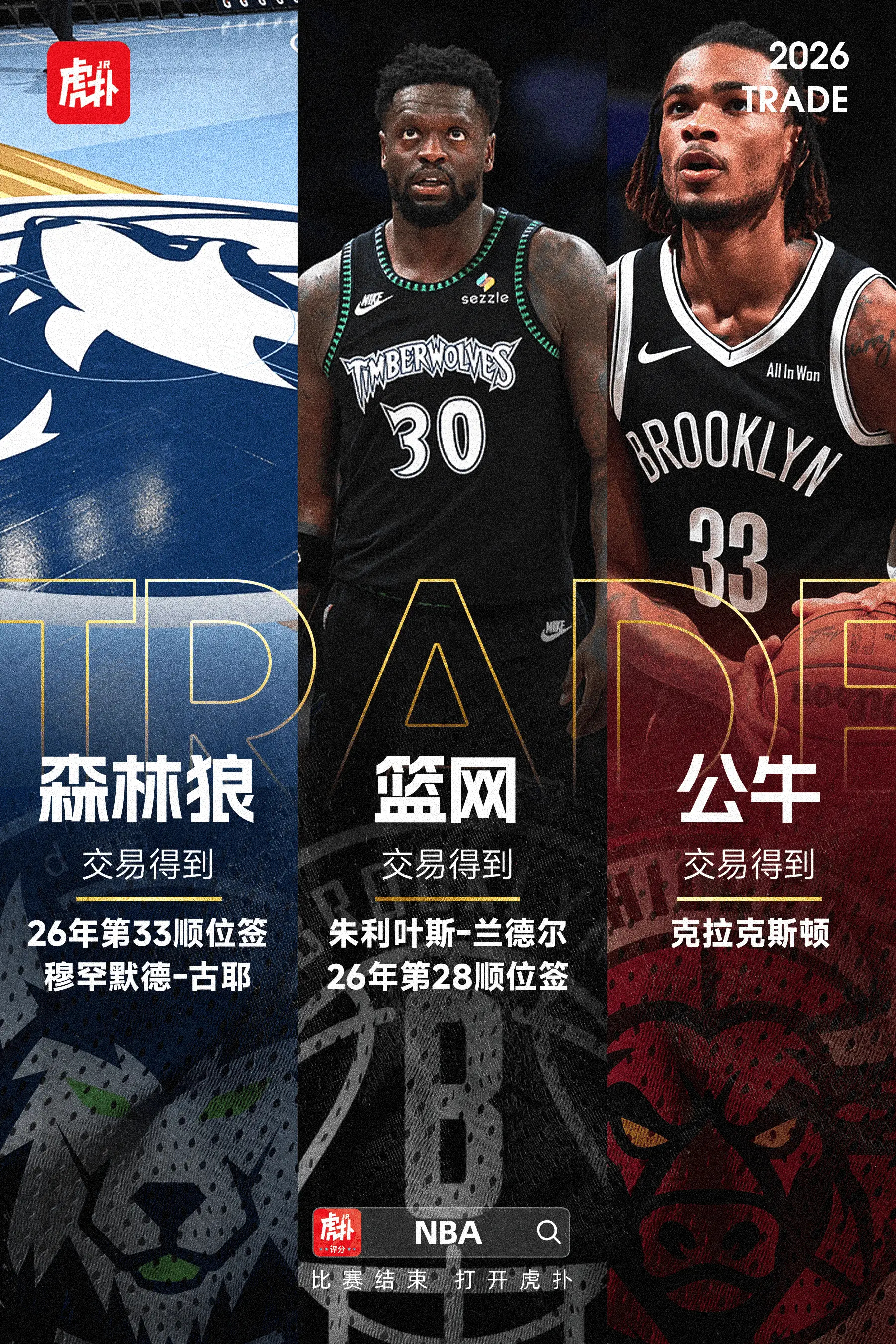 这什么操作？三方交易，森林狼将兰德尔送去篮网，克拉克斯顿前赴公牛知名记者Sham