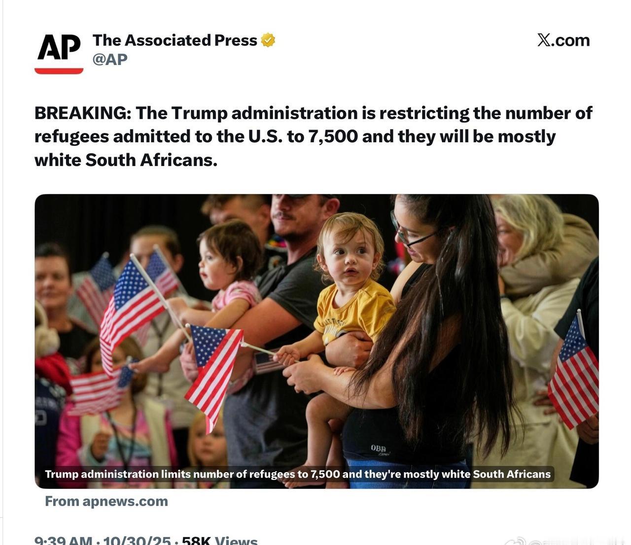 川普政府將美國接納的難民人數限制在7,500人，且大部分難民是南非白人。