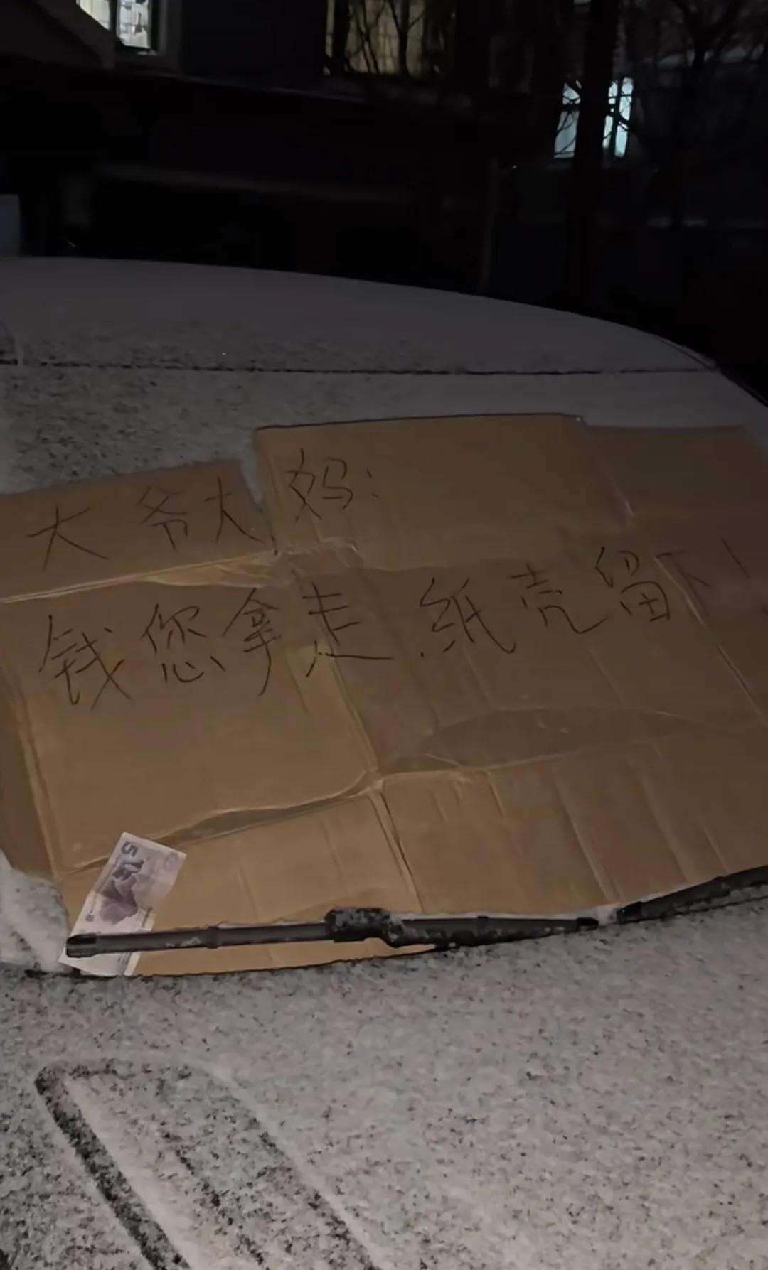 为了挡雪昨天晚上放的纸壳，早上开车时发现还是丢了！[抠鼻]