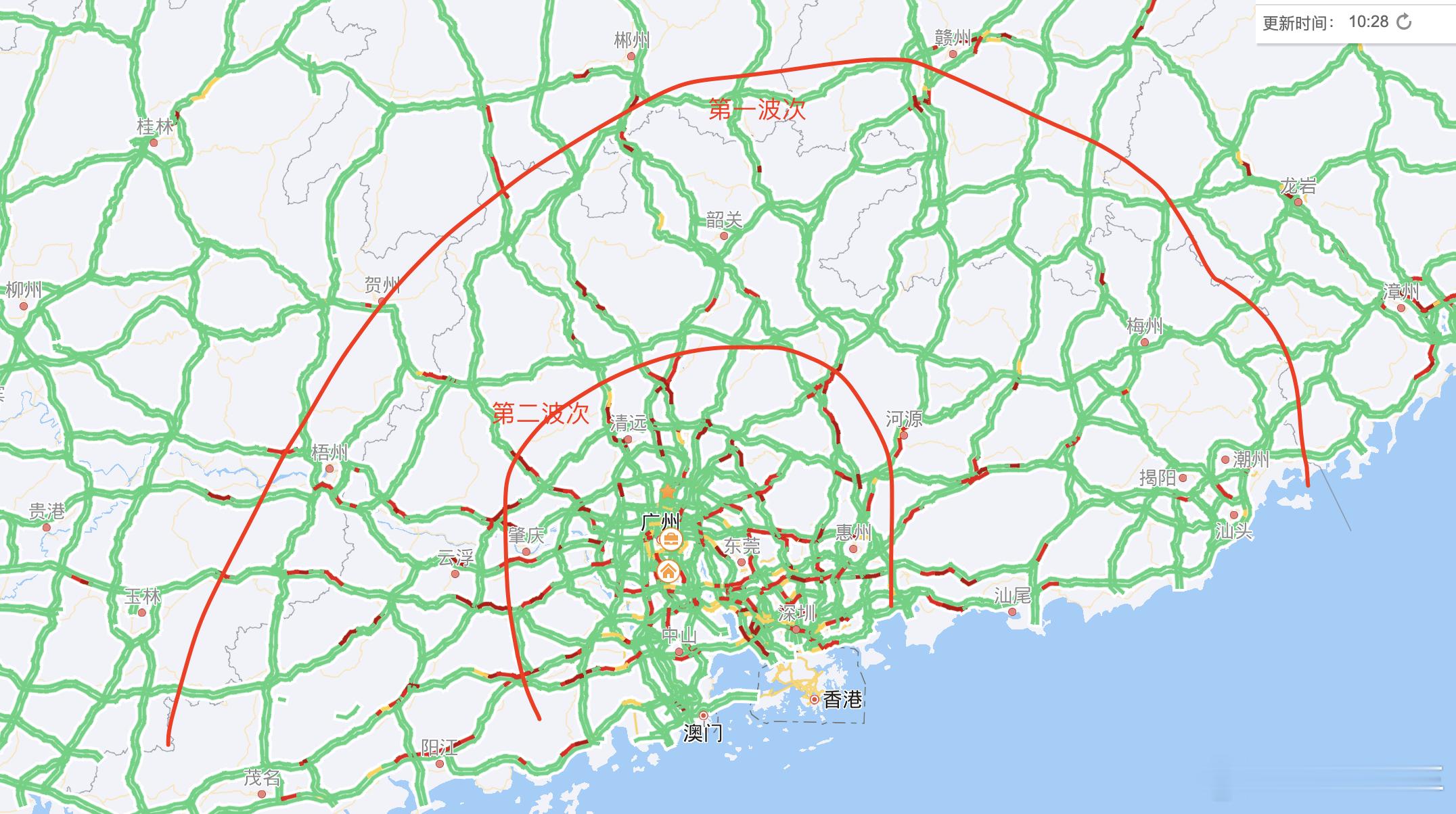 看了一下实时交通情况，珠三角、长三角第一波次已经跨省，第二波次更大的车流量可能刚